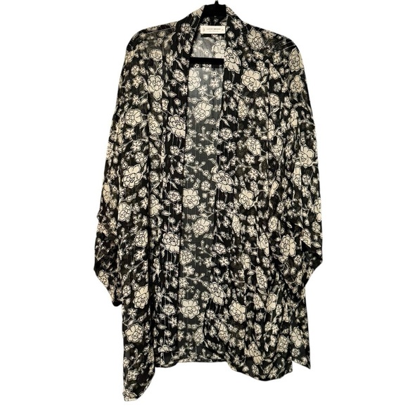 LUCKY BRAND Floral Printed Chiffon Metallic Striped Open Front Kimono Cardigan - Picture 5 of 12
